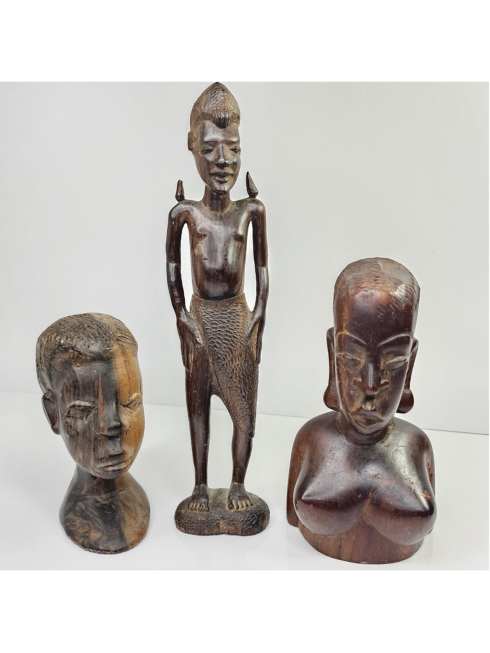 Lot of 3 Made in Kenya Hand Carved Wood African Figures Tribal Folk Art